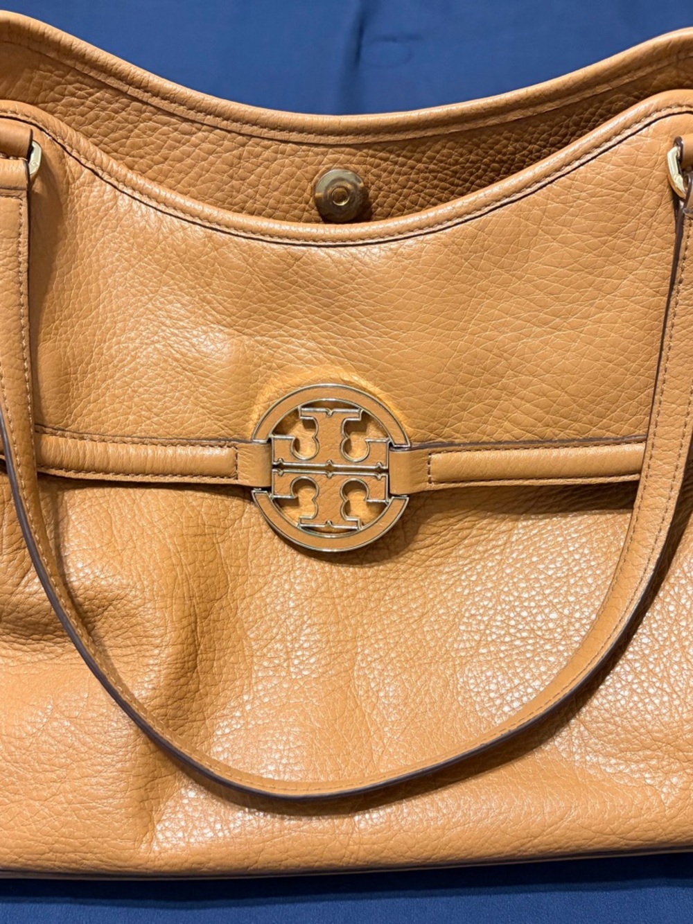 Tory Burch Cognac Pebbled Leather Shoulder Bag with Logo Medallion